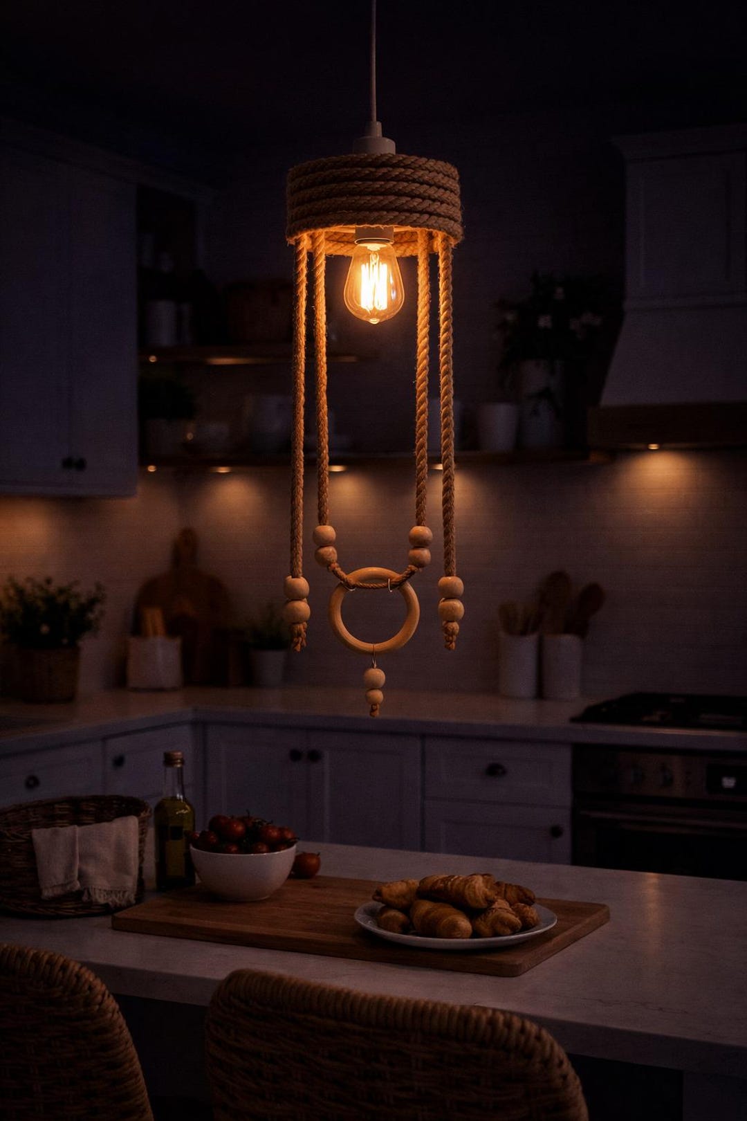 Handmade Rope Pendant Light With Wooden Beads | Rustic Boho Farmhouse ...