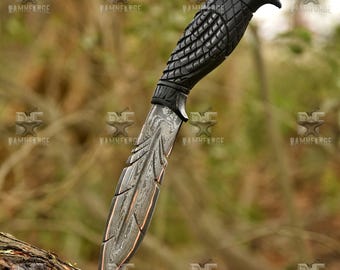 Cuchillo vikingo Bowie de Damasco hecho a mano con mango de águila – Hoja de caza de acero forjado