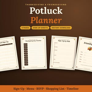 Puede incluir: Un planificador digital para comidas compartidas de Acción de Gracias y Friendsgiving con 9 páginas de hojas de registro. El set incluye plantillas para registro de platos, cronograma del día, lista por plato e invitación.