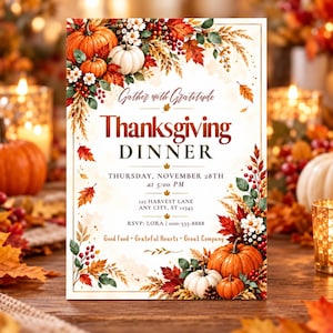 Thanksgiving Dinner Invitation: Friendsgiving Party Invite, Pumpkin Fall Theme, Editable Canva Template