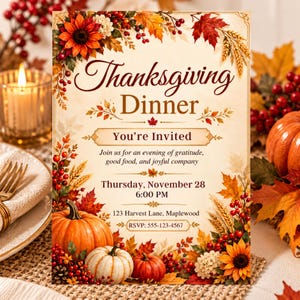 Thanksgiving Dinner Invitation, Editable Canva Template, Fall Pumpkin Sunflower Invite, Printable 5x7