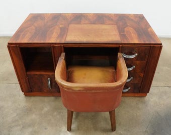 Vintage Art Deco Waterfall Desk & Barrel Back Chair (Set of 2)