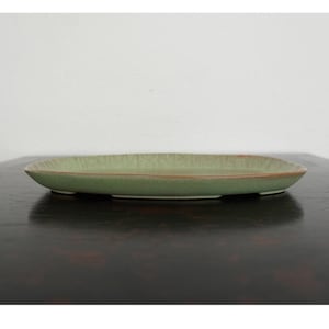 May include: A light green, oblong ceramic serving platter with a slightly textured surface. The rim has a thin, brown accent. The platter is resting on a dark wooden surface. The overall design is simple and elegant.