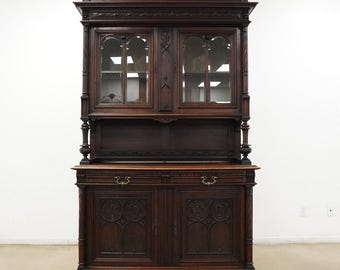 Vintage Gothic Revival Style Walnut Hutch Cabinet