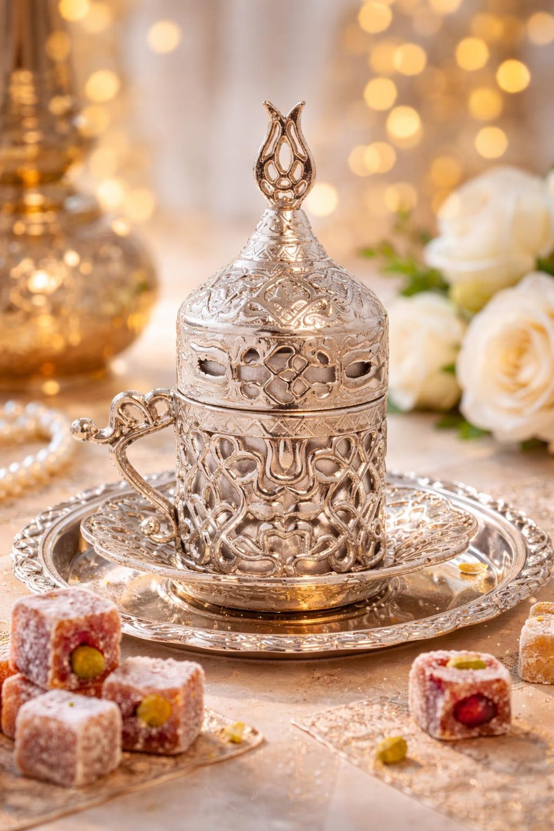 Ottoman Style Silver Turkish Coffee Cup With Lid , Decorative Espresso ...