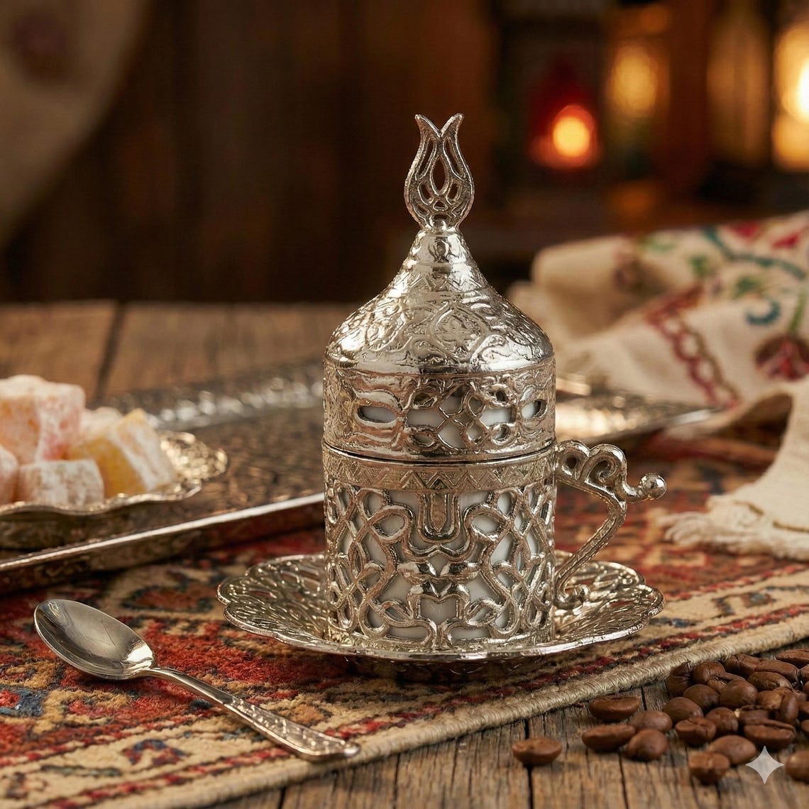 Ottoman Style Silver Turkish Coffee Cup With Lid , Decorative Espresso ...