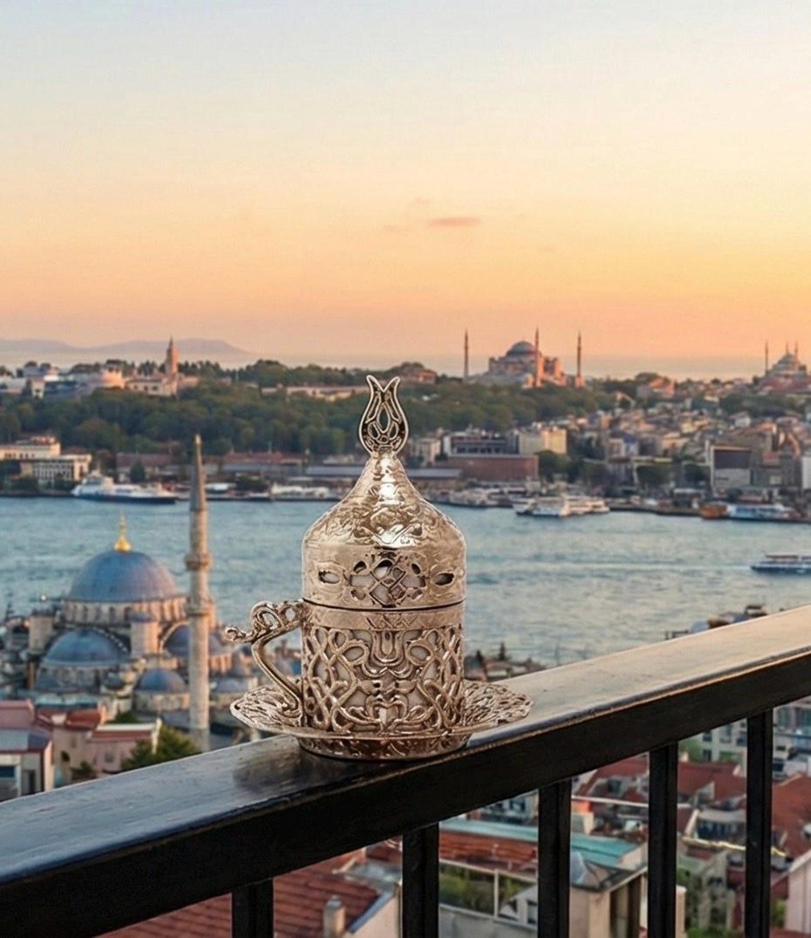 Ottoman Style Silver Turkish Coffee Cup With Lid , Decorative Espresso ...
