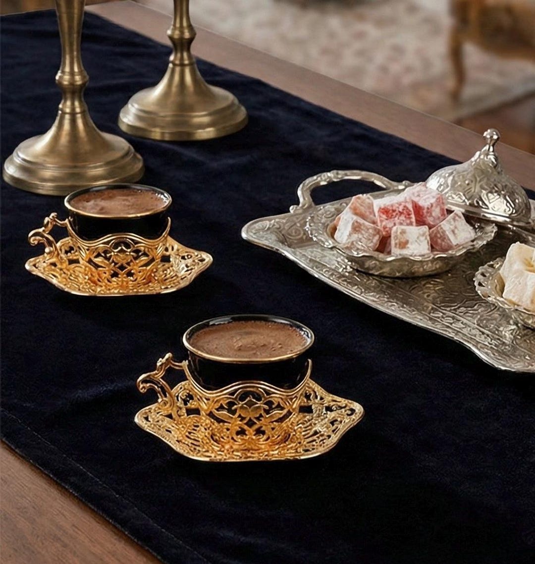 Set of 2 Turkish Coffee Cups, White Porcelain Cups With Gold Black ...