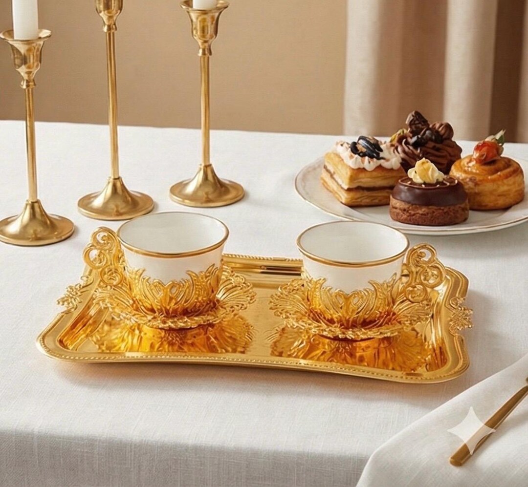 Luxury Turkish Coffee Cup Set With Gold Serving Tray, 2 Porcelain Cups ...