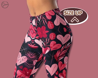 High Waisted Workout Leggings with Hearts and Botanical Print - Colorful Graphic Gym Tights, Women's Activewear, Pilates Yoga Pants