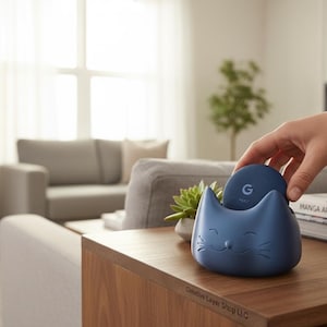 Puede incluir: Un soporte azul marino con forma de gato con un disco a juego con el logotipo "G" blanco. El soporte está sobre una mesa de madera junto a una planta suculenta y una pila de libros. El texto "Creative Layer Shop LLC" es visible.