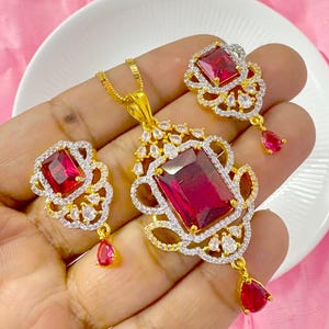 18K Gold Plated Ruby Pink Pendant and Earrings Set CZ Wedding Jewelry, Pink Jewelry Set, Mother's Day Gift, Anniversary Gift For Wife