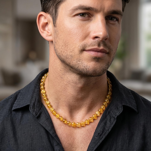 Premium 8mm Citrine Beads Men Necklace – Genuine Yellow Quartz Crystal Choker – Handmade Gemstone Jewelry – Manifestation & Abundance Gift