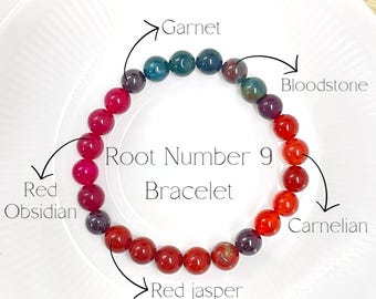Root Number 9 Bracelet | 8mm Red Jasper Carnelian Bloodstone Red Obsidian Garnet Certified Crystal Bracelet Gift for Born on 9th, 18th, 27th