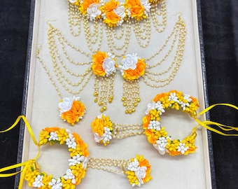 Handmade Artificial Yellow and White Floral Jewelry Set For Haldi, Mehendi, Baby Shower, Bridal Jewelry Set, Wedding Jewelry Gift For Her