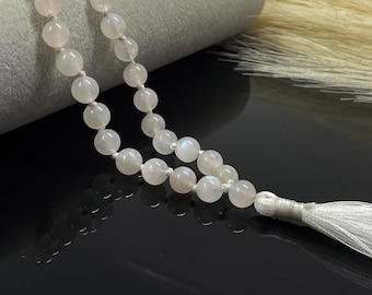 Rainbow Moonstone Mala Necklace, 108 Mala Beads, White Mala Necklace, Moonstone Jewelry, White Necklace Summer Jewelry, Hand Knotted Mala