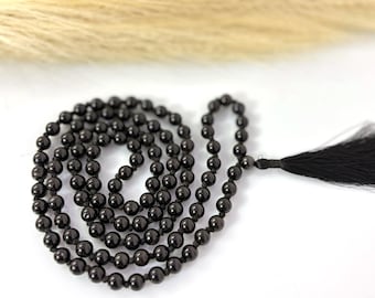 Zertifizierter schwarzer Obsidian 108 Perlen Meditation Mala Jaap Mala geknotete Gebetskette, 108 Perlen Mala Halskette für Yoga Wurzelchakra Halskette