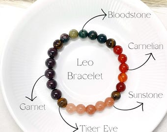 Ultimate Leo Bracelet | 8mm Tiger Eye, Carnelian, Bloodstone, Sunstone & Garnet Leo Crystal Bracelet, Leo Healing Crystals, Leo Zodiac Gift
