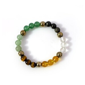 May include: A multi-coloured beaded bracelet. The bracelet features green, gold, brown, yellow, and clear beads. The beads are arranged in a circular pattern. The bracelet is a vibrant accessory, suitable for everyday wear. The beads are approximately 0.8 cm in diameter.