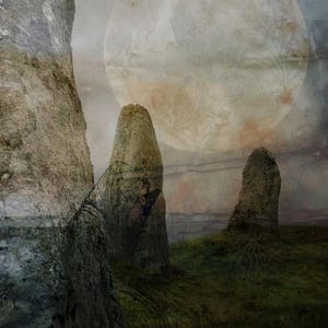 May include: A digital artwork depicting a full moon with a floral design, and two standing stones. The scene is set on a grassy hill under a cloudy sky, with a vintage, dreamlike aesthetic. The image evokes a sense of mystery.