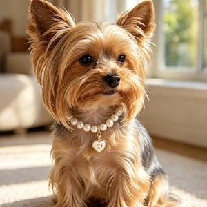 May include: A Yorkshire Terrier with long tan and black fur wearing a white pearl bead collar. The collar features a gold-toned heart-shaped pendant with a white center and the letter D engraved in gold, centered on the dog's neck.