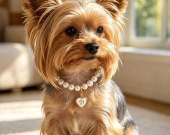 Custom Initial Heart Name Tag Pet Pearl Necklace, Personalized Collar with Letter Charm, Small Dog Jewelry, Pet Wedding Accessory