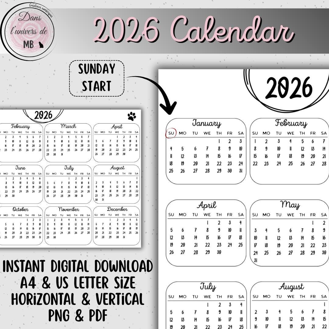 Minimalist 2026 Calendar | Sunday Start | Black & White Printable | A4 ...
