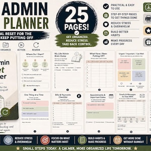 May include: A Life Admin Reset Planner with 25 pages, featuring a spiral-bound cover and multiple printable templates for organizing tasks, bills, appointments, and emails. The layout includes sections for brain dumps, urgent priorities, and daily progress tracking.