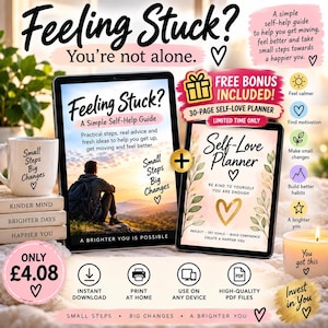 May include: A digital self-help guide titled Feeling Stuck? A Simple Self-Help Guide and a 30-page Self-Love Planner displayed on tablets. The set includes a white mug with the text Small Steps Big Changes, a candle, and icons for instant download.