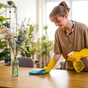 Può includere: Una persona con guanti gialli spruzza un tavolo di legno con una soluzione detergente. Un panno per la pulizia blu e giallo è sul tavolo. Un vaso di fiori è sul tavolo. La persona sta sorridendo.