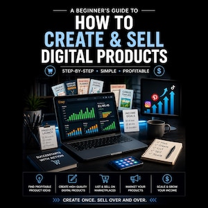 May include: A digital guide titled A BEGINNER'S GUIDE TO HOW TO CREATE & SELL DIGITAL PRODUCTS featuring a laptop displaying an Etsy dashboard, various digital product templates, a notebook with a to-do list, and icons for business growth.