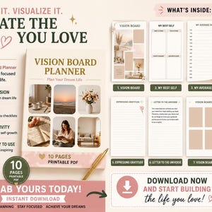 May include: A digital vision board planner printable PDF featuring a cover with six photo frames and the text Vision Board Planner. The set includes eight internal page templates for goal setting, daily planning, gratitude, and notes in a neutral colour palette.