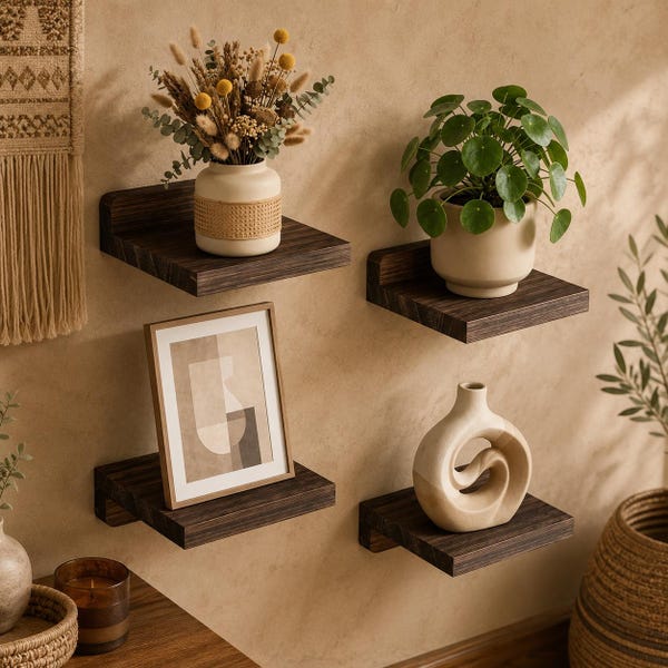 Rustic Small Floating Wall Shelves Set of 4 Wooden Display Ledges Plants Frames Storage