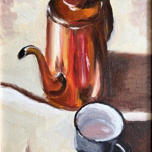 Vintage Copper Coffee Pot & Mug – Original Oil Painting – 9x12 Framed Still Life – One-of-a-Kind Kitchen Wall Art