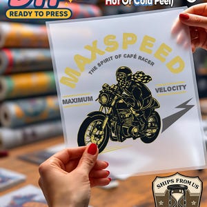 May include: DTF ready to press transfer with a motorcycle graphic. The design features the text "MAXSPEED" and "THE SPIRIT OF CAFÉ RACER" in yellow. The image also includes instructions for heat transfer.