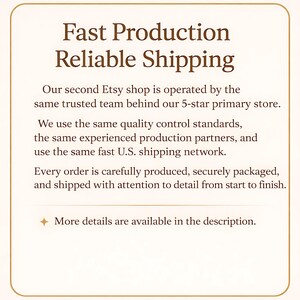 May include: Text on a cream-colored background reads "Fast Production, Reliable Shipping." It states the Etsy shop is operated by the same team as a 5-star store, using quality control and fast U.S. shipping.