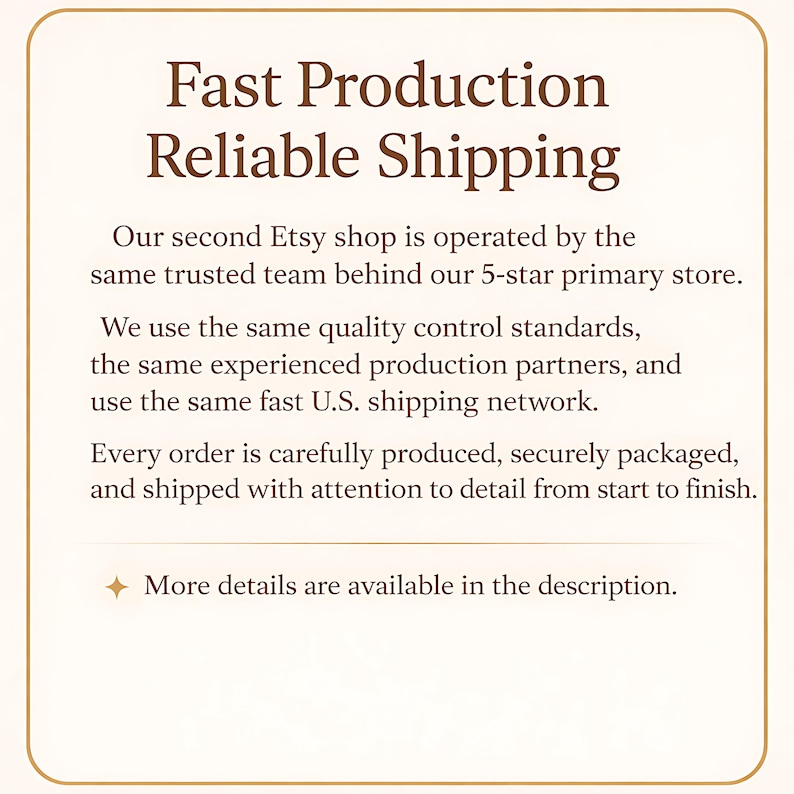 May include: Text on a cream-colored background reads "Fast Production, Reliable Shipping." It states the Etsy shop is operated by the same team as a 5-star store, using quality control and fast U.S. shipping.
