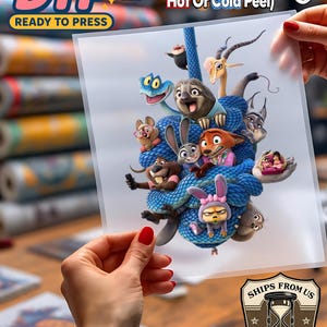 May include: A clear DTF (Direct to Film) transfer sheet featuring a colorful cartoon design of various animal characters. The sheet includes the text "DTF READY TO PRESS" and instructions for heat application: 300-310F for 8-10 seconds, hot or cold peel.