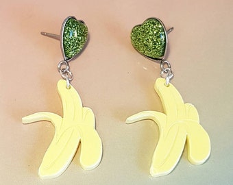 Banana Earrings, Fun Jewelry, Summer Fruits, Stainless Steel, Laser Cut Acrylic, Pastel Lemon, Alternative Fashion, Drop Earrings