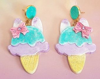 Bunny Ice Cream Earrings, Handmade From Polymer Clay, Sparkly Jewelry, Kawaii, Rabbit Lover Gift, Sweet Lolita, Stainless Steel, Cute Gifts