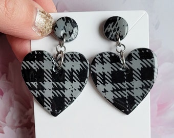 Gothic Plaid Heart Drop Earrings, Unique Alternative Handmade Gifts for Her, Grey and Black Tartan