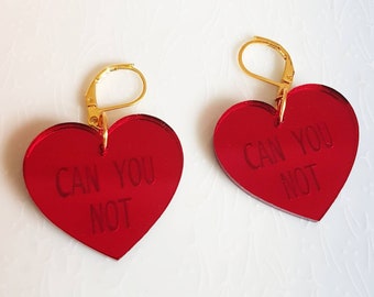 Conversation Red Heart Shaped Earrings - Can You Not - Alternative Fashion Lover Gift
