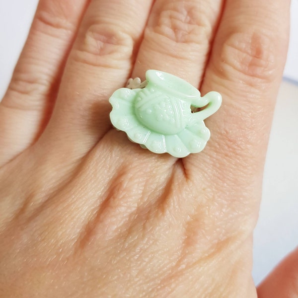 Teacup Ring, Pastel, Mint, Alice in Wonderland, Filigree, Kawaii, Cute, Fairy Kei, Mad Hatter, Tea Party