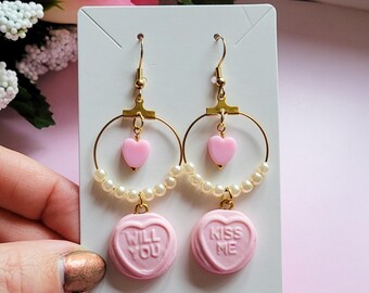 Sweetheart Hoop Earrings, Pastel Love Heart Dangles, Kawaii Fairy Kei
