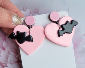 Bat Heart Earrings, Kawaii Gifts for Her, Gothic Lolita Jewelry, Pastel Pink Hearts