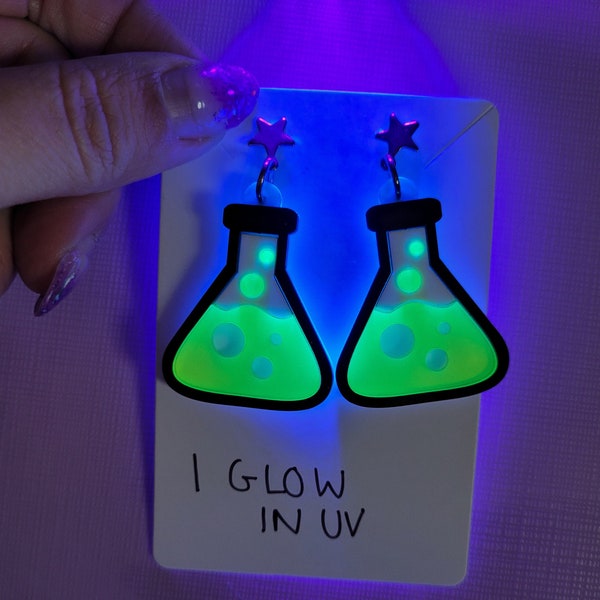 Cool Novelty Neon Flask Laser Cut Festival Earrings, Gift for Science Teacher, Choice of Colour Pink or Blue
