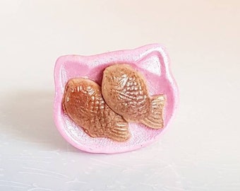 Taiyaki Fish Ring, Kawaii Cat Jewelry, Handmade Polymer Clay, Japanese Food Miniature