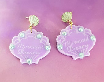 Mermaid Shell Earrings, Dreamy Jewelry, Kawaii, Fairy Kei, Choice of Colour, Pink or Lilac