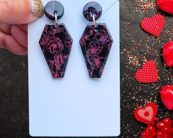 Gothic Coffin Earrings, Red Rose Jewelry, Unique Handmade Jewellery Gifts for Her