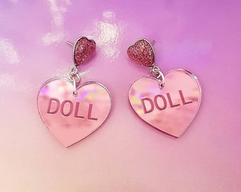 Kawaii Doll Conversation Pink Heart Harajuku Drop Earrings - Cute Gift For Friends